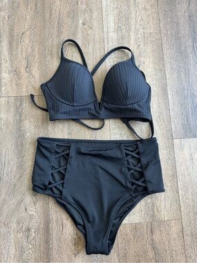 Shade & Shore Black High-Waist Strappy Bikini Set